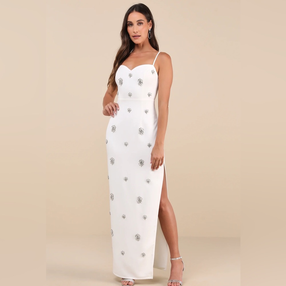 LULUs Completely Regal White Rhinestone Sleeveless Column Maxi Dress